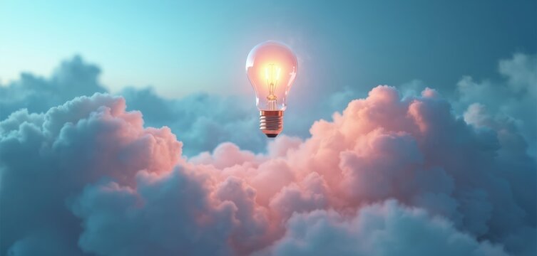 Glowing light bulb floats high in blue sky. Hovers above dreamy cloudscape with soft pink, blue hues. Scene represents new ideas, innovation, creative inspiration. Suggests smart solutions emerging