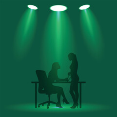 Silhouette office scene with two women under green spotlights, workspace concept