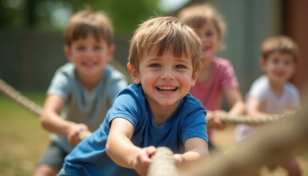 Smiling young children play outdoor tug of war game. Happy boys, girls pull thick rope, showing teamwork. Kids enjoy summer fun, laughing together. Friends compete, engage in physical exercise. - Powered by Adobe