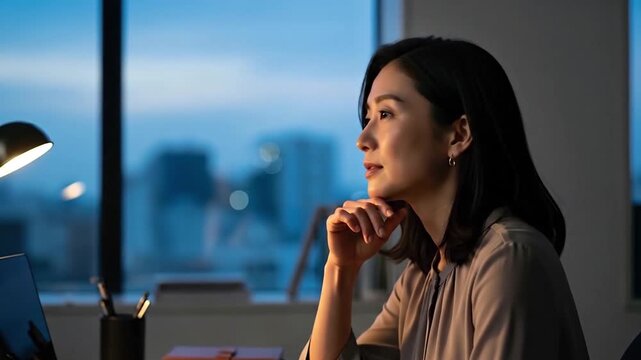 夜明け前に都会のオフィスでデスクに向かうキャリアウーマン