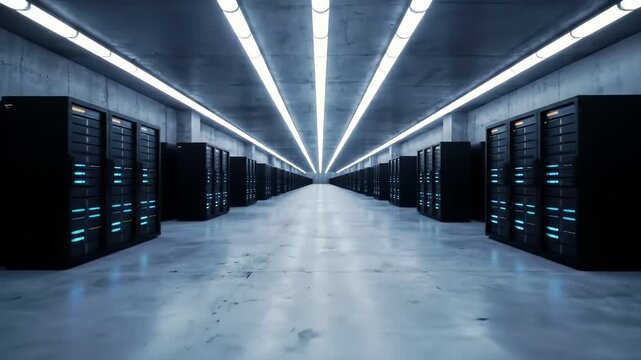 Underground data bunker: Vast, futuristic data center with rows of glowing server racks, showcasing secure digital technology infrastructure for global computing power, no people.