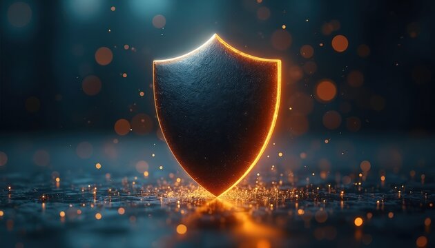 Dark metallic shield with glowing orange outline floats above reflective surface. Sparks, bokeh lights surround emblem, conveying digital security concept. Protection symbol appears strong, advanced.