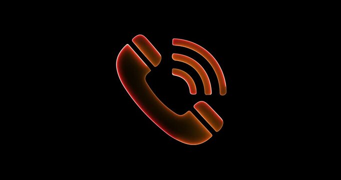 Neon Orange Glowing Telephone Receiver Icon with Signal Waves on Black Background