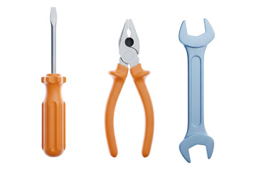 A set of three common hand tools: a screwdriver, pliers, and a wrench.
