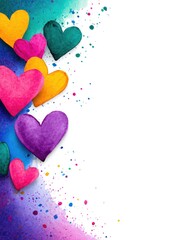Obraz premium Watercolor multicolored hearts flanking a white background with splashes, drips, and blots of paint. Illustration for a wedding invitation or Valentine's card. Vertical format.