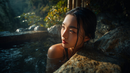 Fototapeta premium 朝霧に包まれる露天温泉美女