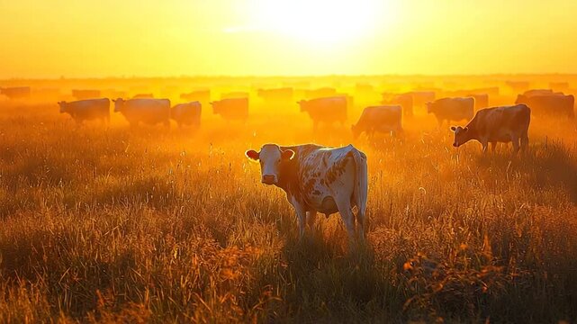 australian cattle grazing in golden farm field meadow sunset landscape video