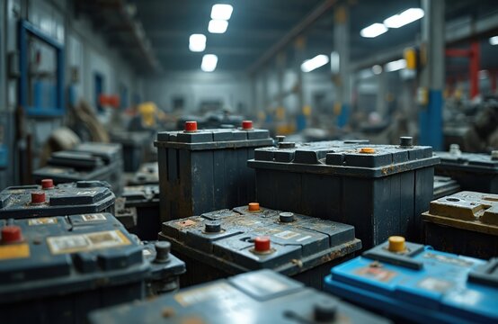 Many old car batteries wait for recycling at facility. Used accumulators form piles for disposal. Hazardous waste problem needs solutions. Ecology, environment protection important. Toxic old auto - Powered by Adobe