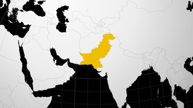 Pakistan map. Animated zoom into the country on the Globe in Black White color palette. Country logo animation. Map with meridians, parallels. Trending video.