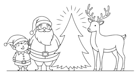 Santa elf and reindeer with glowing christmas tree outline vector for holiday coloring pages and kids activities