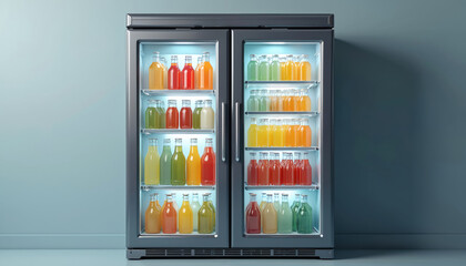 Double door glass refrigerator filled with colorful juice bottles. Modern beverage cooler stocked with drinks in clear bottles on shelves, offers fresh refreshment.