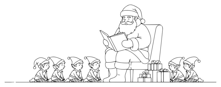 Santa Claus Reading a Christmas Story to Elves Line Art Illustration