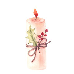 Christmas candle with red berries and holly leaf. Hand-painted watercolor illustration. Isolated element on a white background. For seasonal design, invitational and greeting cards, posters, prints.