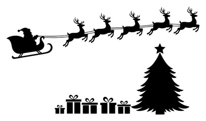 Christmas Holiday Silhouette Set with Flying Santa Sleigh Reindeer and Tree with Gifts