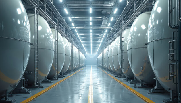Row of large industrial tanks in clean factory hall. Metal cisterns line production facility floor. Bright lights illuminate pipeline system. Futuristic clean energy storage.