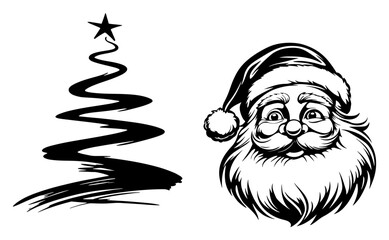 Vintage Santa Claus Face and Abstract Christmas Tree Icon Vector Holiday Design Elements Set