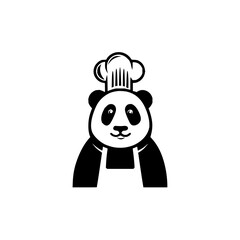 Illustration of a panda bear wearing a chef's hat and apron in a black and white vector design style
