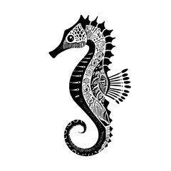 Detailed black and white illustration of a seahorse with intricate patterns and a curled tail design art