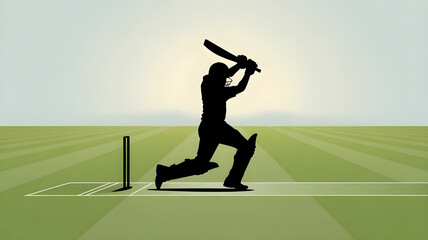 Obraz premium Cricket Batsman Silhouette Playing on Green Field Flat Design Outdoor Sports Minimalist Illustration