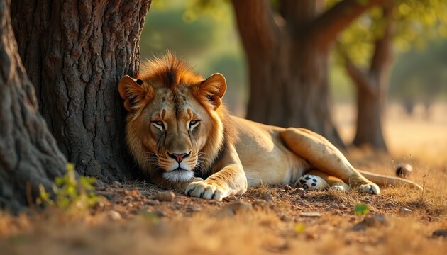 Majestic male lion rests against large tree trunk in savanna landscape. Tawny mane glows in warm sunset light, relaxes under acacia shade. Wild predator surveys surroundings during golden hour. - Powered by Adobe