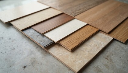 Assorted flooring samples in various wood tones, stone textures are laid out on concrete surface. Collection of materials displays different patterns, shades, finishes for interior design projects.