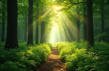 Fototapeta premium Sunbeams pierce lush green forest canopy illuminating a dirt path lined with ferns. Tall trees form a natural corridor leading to bright light.