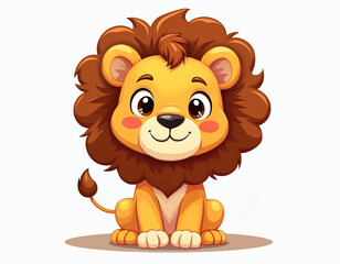 Obraz premium Cute cartoon lion character sits with friendly smile, looking happy. Young animal fluffy brown mane, big eyes, rosy cheeks. Mascot for kids content, educational materials, jungle themes, fun games,