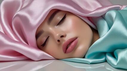 Sleeping woman with soft makeup wrapped in pink and turquoise satin fabric against glossy surface