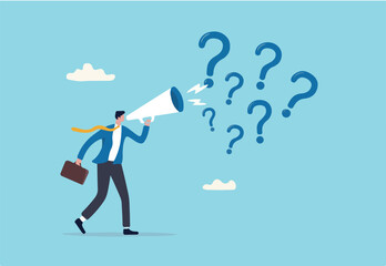Ask questions to get answer for solving problem, ask for solution or curiosity, request explanation to solve issue or trouble concept, businessman ask questions on megaphone with lot of question mark.