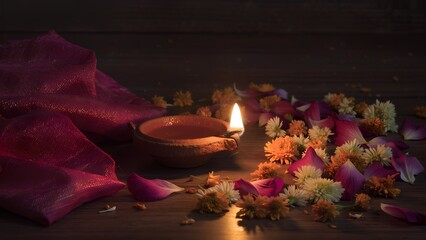 Traditional diya lamp with flowers and red fabric on wooden surface in warm festive light