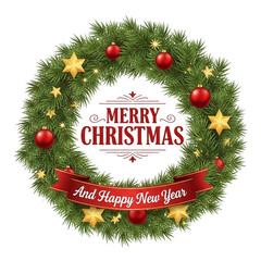 Christmas wreath with baubles, stars, and holiday greeting. Festive seasonal decoration