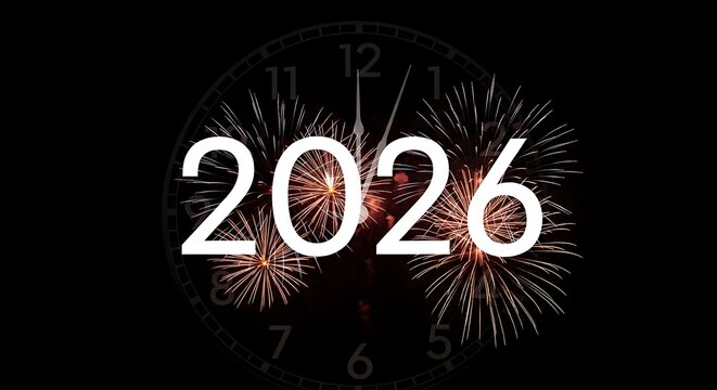 Countdown to 2026 new year celebration with clock striking midnight and fireworks exploding in the background, a festive and exciting time
