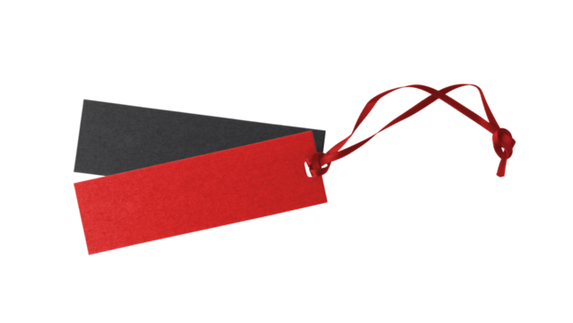 Blank dark grey and red paper label with ribbon isolated on white background with copy space.