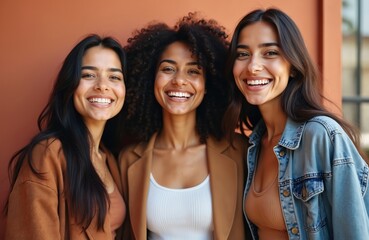 Fototapeta premium Three diverse young women smile warmly at camera, showing genuine happiness. Standing close together outdoors, exuding friendship, positive vibes. Radiant smiles suggest joy, connection.