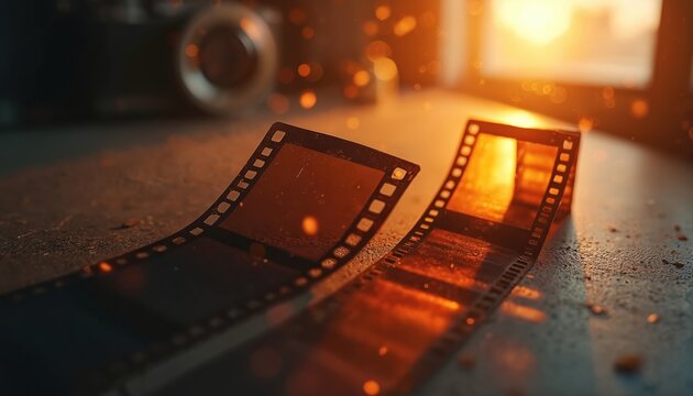 Vintage film strip with light leaks, dust particles sits on textured surface. Warm sunlight illuminates analog celluloid film reel, creating nostalgic atmosphere. Vintage camera visible in blurred