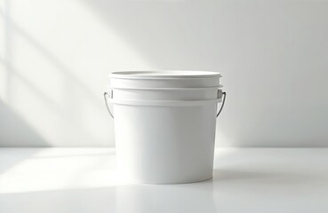 New white plastic bucket with lid, metal handle sits on bright clean white table. Empty pail smooth texture, ready for home improvement, painting, storage. Soft shadows reflect on light wall.