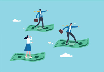 Cash flow, investment direction or financial trend, profit or earning from business, income or salary, stock market investing, wealth expert concept, business people riding flying money banknotes. © Premium art