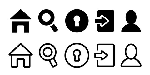 Website icons. Home, magnifier, user, personal account, keyhole. Vector icon set isolated on white background.