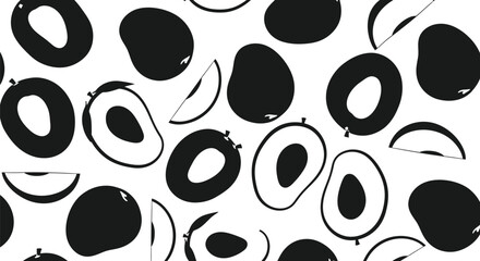 A seamless pattern of black avocado illustrations, whole and halved, on a white background.