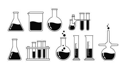 A collection of laboratory glassware with various liquids, representing science and chemistry experiments.