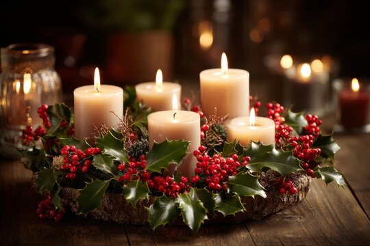 Candles glow softly in a festive arrangement with holly and red berries on a wooden surface. The warm light creates a cozy atmosphere during the holiday season