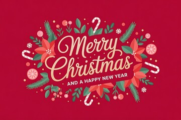 Merry Christmas and a Happy New Year decorative greeting with poinsettias and candy canes.