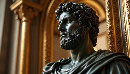 Obraz premium Ancient dark statue of bearded man. Classical bust shows dignified figure with curly hair, draped clothing. Stands in museum gallery with golden ornate details. Artwork represents leadership,