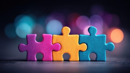 Three colorful puzzle pieces connected together against a blurred background.