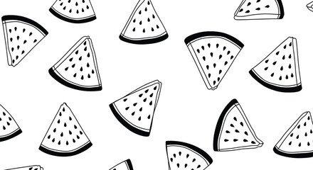 A seamless pattern of hand-drawn black and white watermelon slices on a white background.