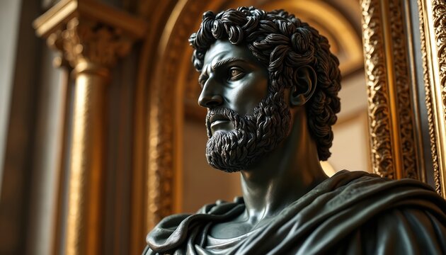 Ancient dark statue of bearded man. Classical bust shows dignified figure with curly hair, draped clothing. Stands in museum gallery with golden ornate details. Artwork represents leadership, - Powered by Adobe