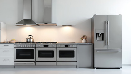 Modern kitchen sleek stainless steel appliances. Large refrigerator, freezer with water dispenser. Gas stove, double ovens, range hood visible. Home interior design shows contemporary style, clean,