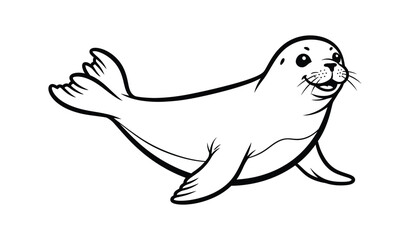 A happy cartoon seal swims with its flippers outstretched and tail fin splayed, enjoying its underwater environment.