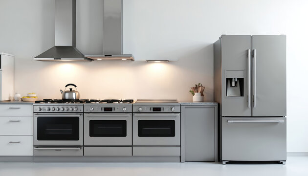 Modern kitchen sleek stainless steel appliances. Large refrigerator, freezer with water dispenser. Gas stove, double ovens, range hood visible. Home interior design shows contemporary style, clean,