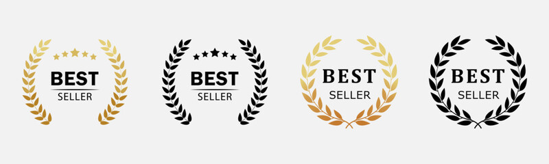 Best seller award badges in gold, black showcasing top-rated achievements in publications. Set best choice. Vector
